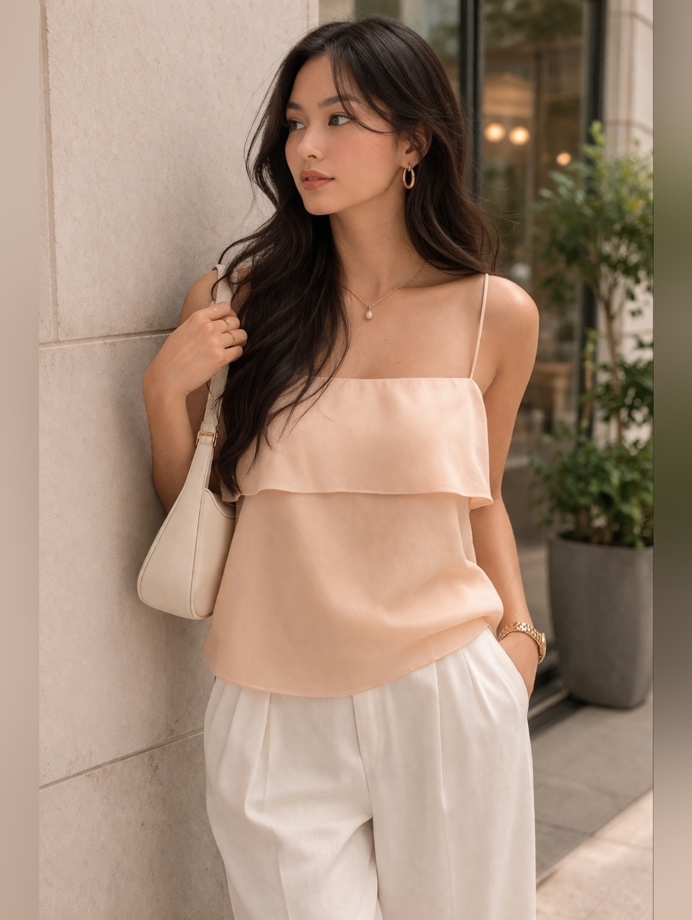 Club Monaco Silk Camisole Small Blush Peach Ruffle Feminine Minimalist Top